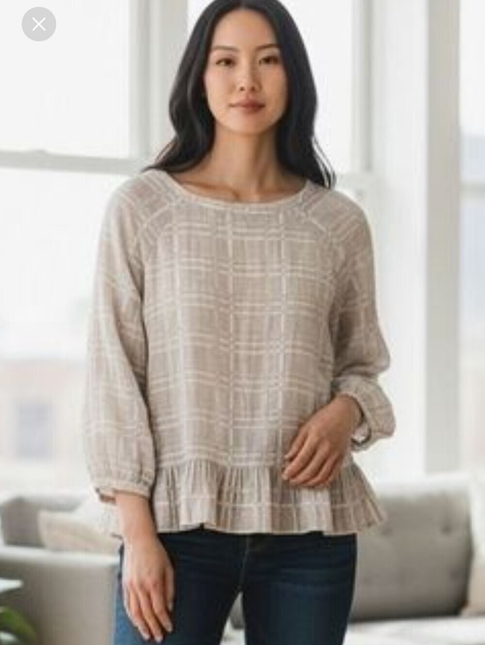 Soft Surroundings Beige Plaid Ruffle-Hem Blouse
